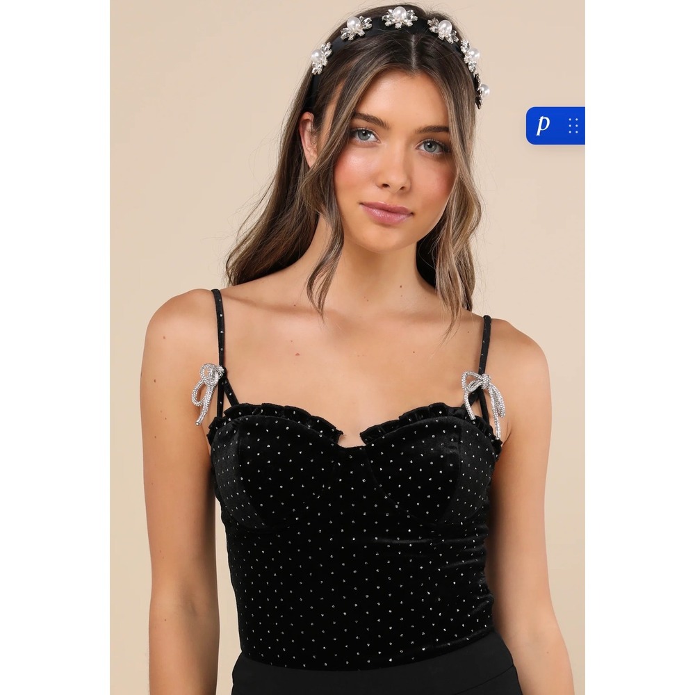 Lulus Black Velvet Rhinestone Embellished Sweetheart Neckline Cami‎ Top Size S